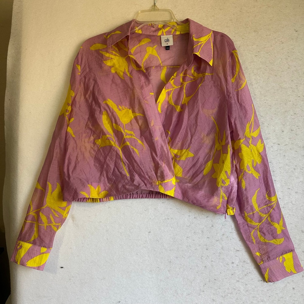 Cabi 6405 Pink Yellow Floral Wrap Crop Blouse Long Sleeve Top Womens Size M